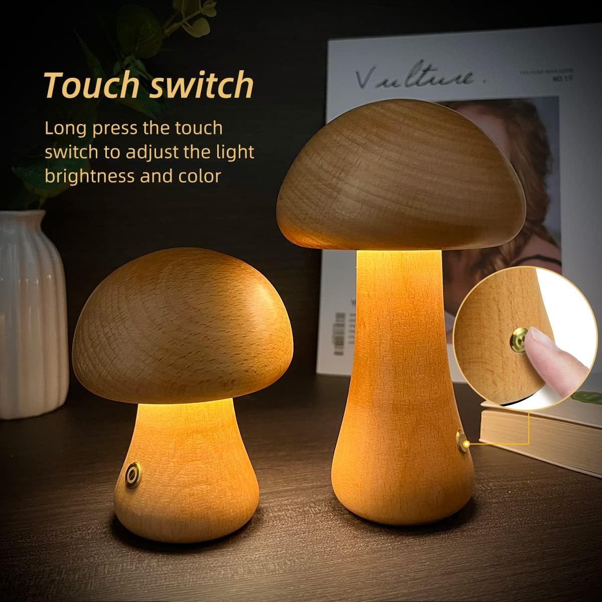 INS Wooden Cute Mushroom LED Night Light With Touch Switch  Bedside Table Lamp For Bedroom Childrens Room Sleeping Night Lamps Home Decor - coffeewithmee1