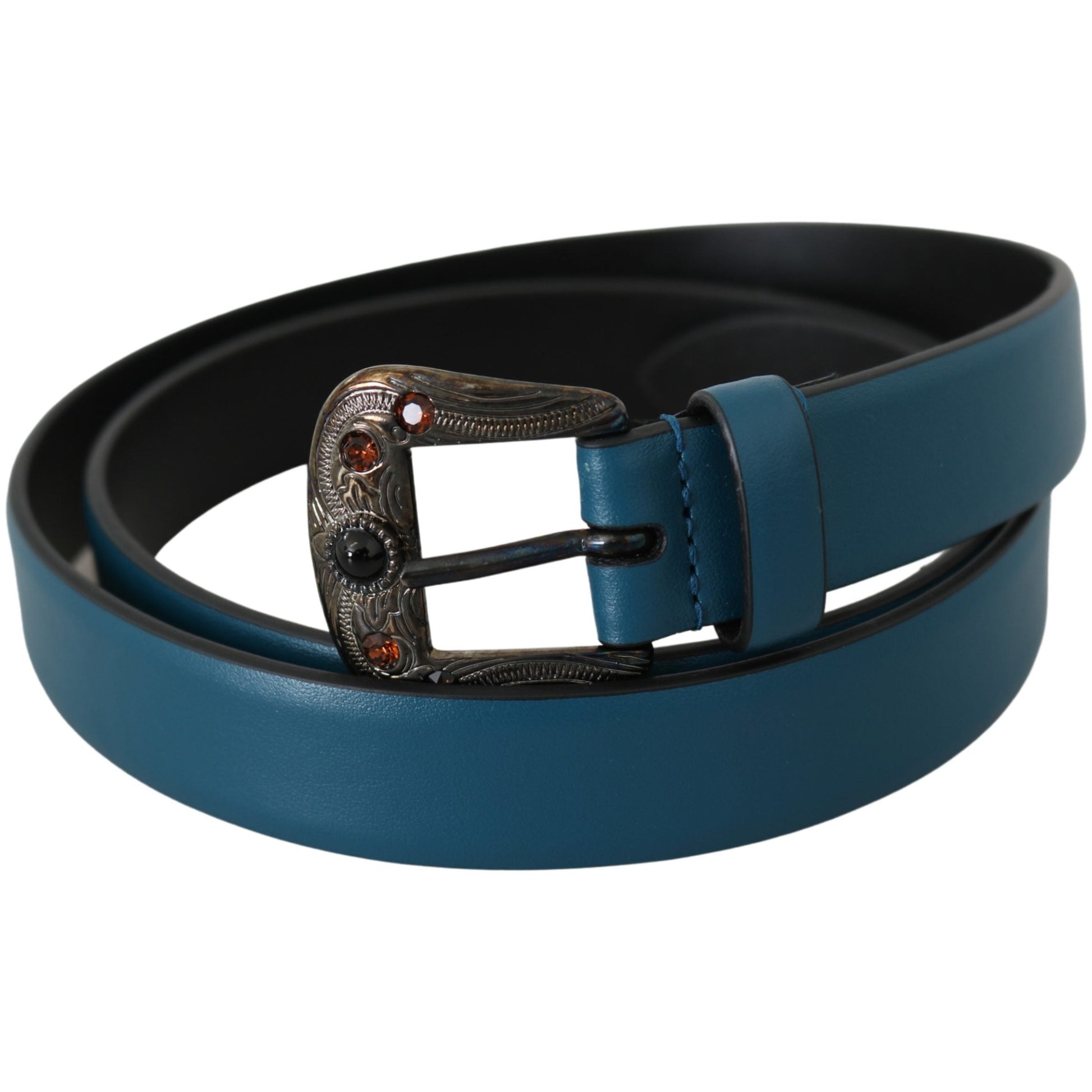 Blue Leather Amber Crystal Baroque Buckle Belt - coffeewithmee1