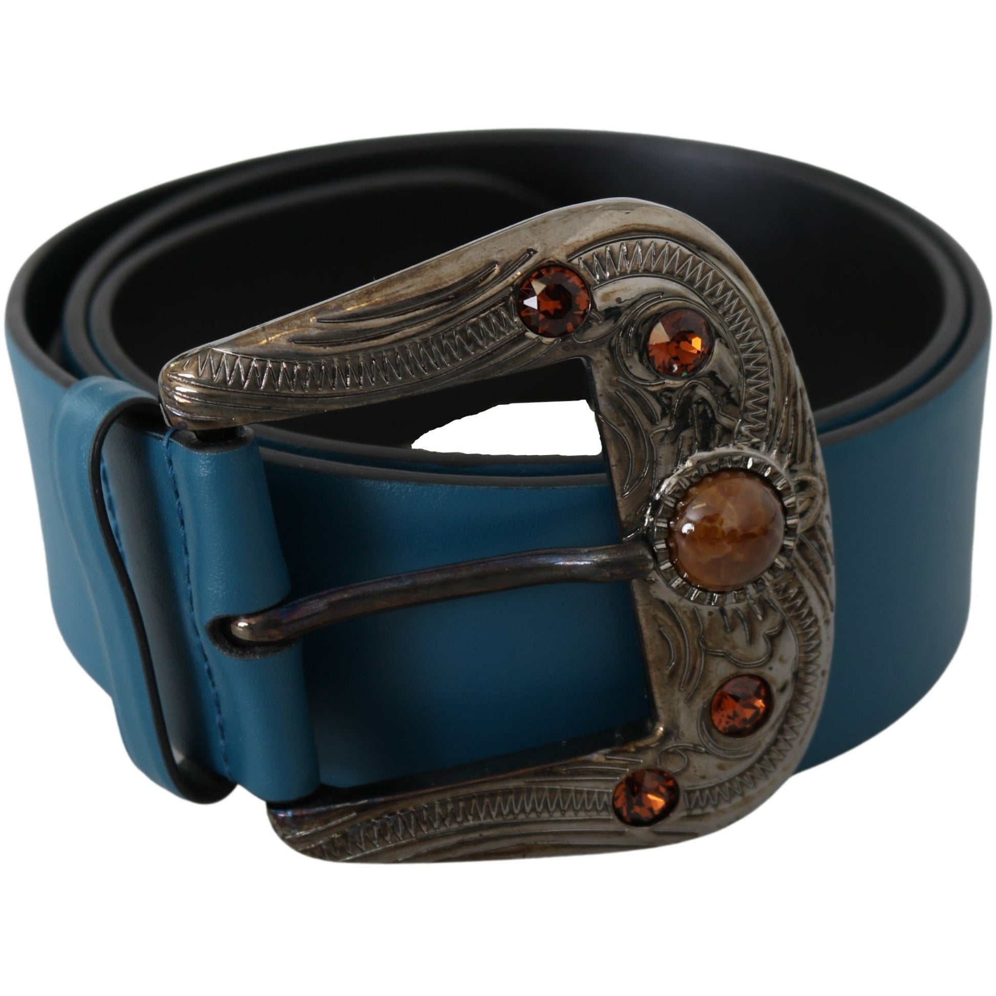 Blue Leather Orange Crystal Baroque Buckle Belt - coffeewithmee1