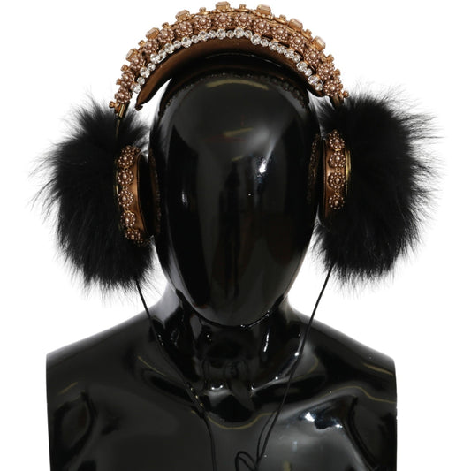 Gold Black Crystal Fur Headset Audio Headphones - coffeewithmee1