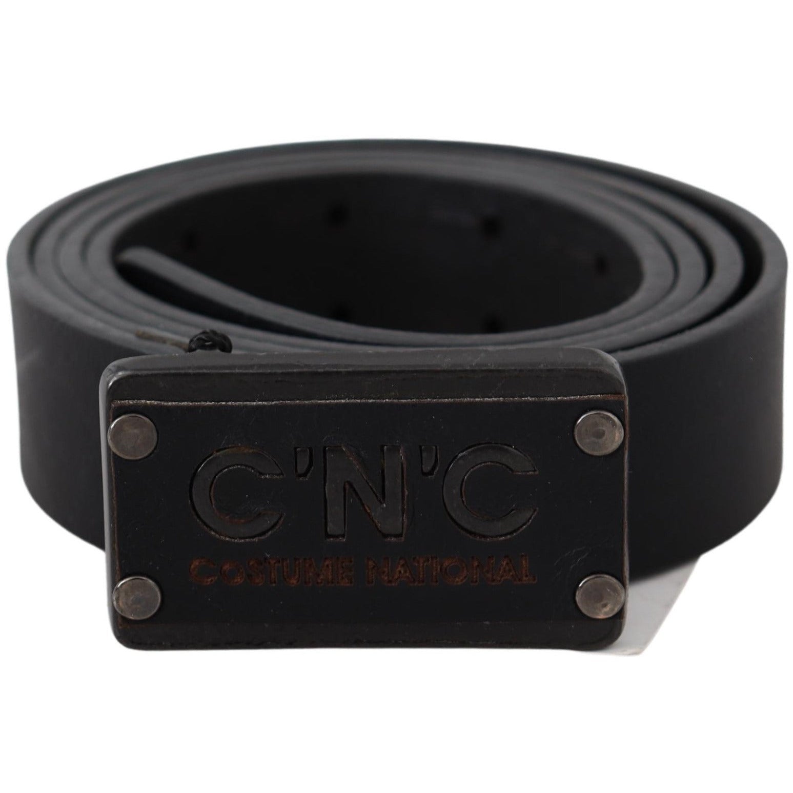 Black Leather Rustic Logo Buckle Waist Belt - coffeewithmee1