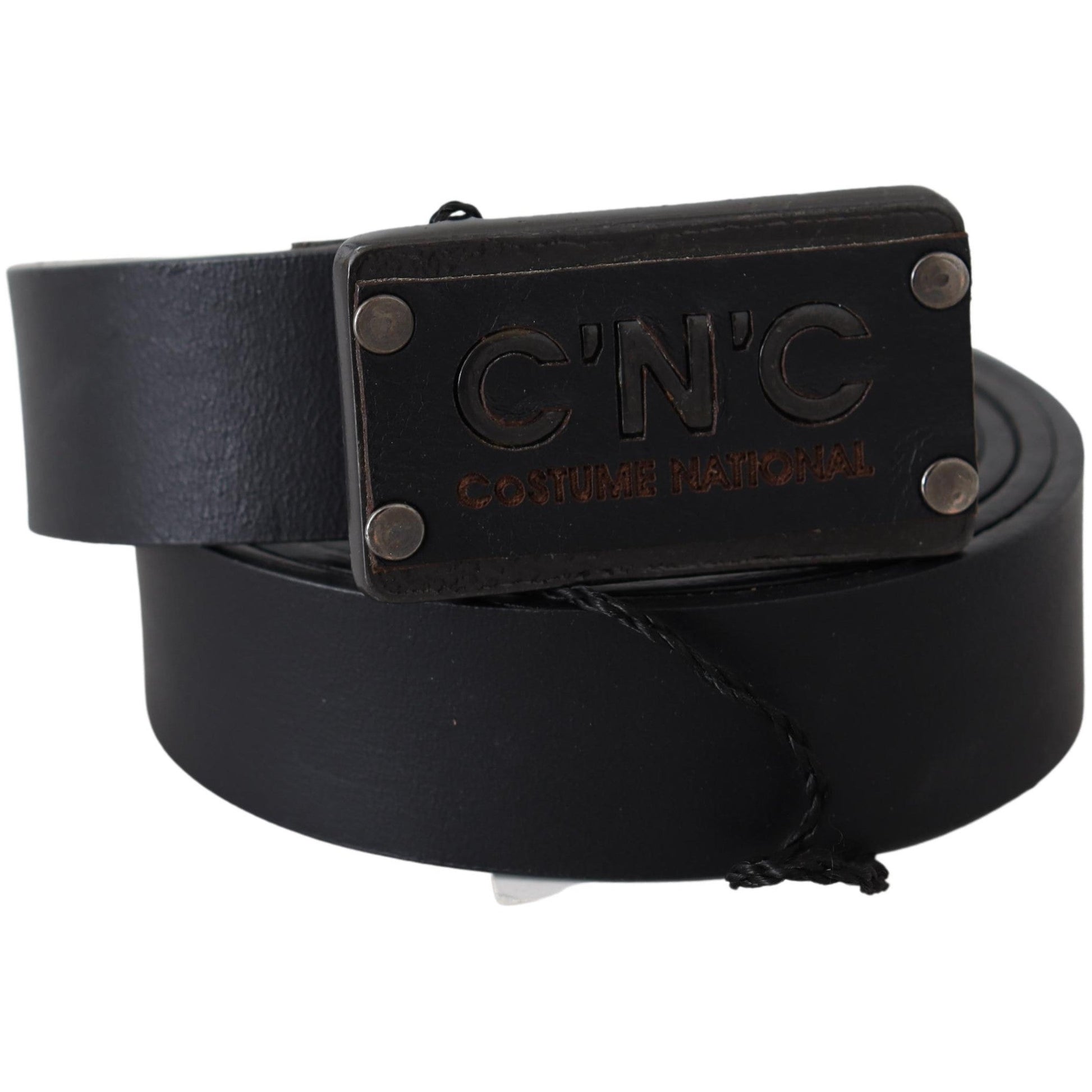 Black Leather Rustic Logo Buckle Waist Belt - coffeewithmee1