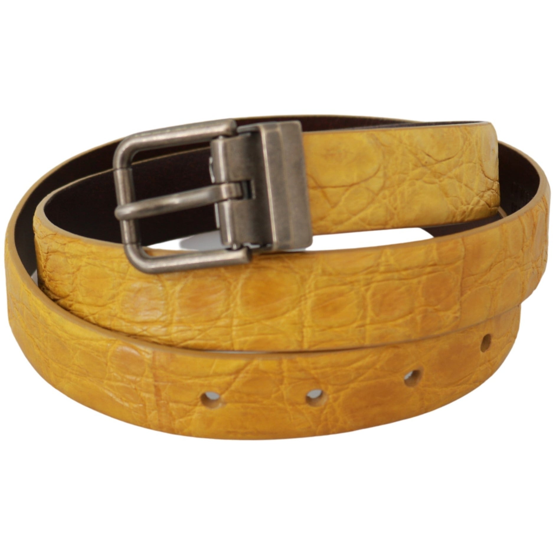 Yellow Exotic Skin Leather Grey Buckle Belt - coffeewithmee1