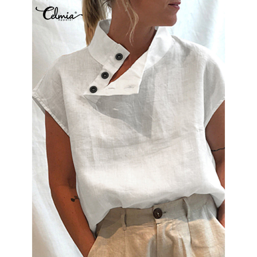 Celmia Women Short Sleeve Blusas 2022 Summer Cotton Linen Shirts Fashion Oversized Blouses Casual Loose Camisas Solid Tunic Tops - coffeewithmee1