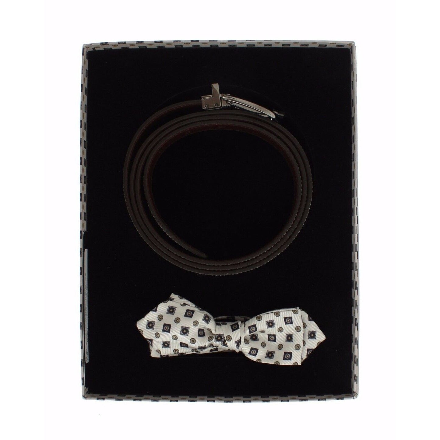 White Silk Bowtie Leather Men Belt Gift Box - coffeewithmee1