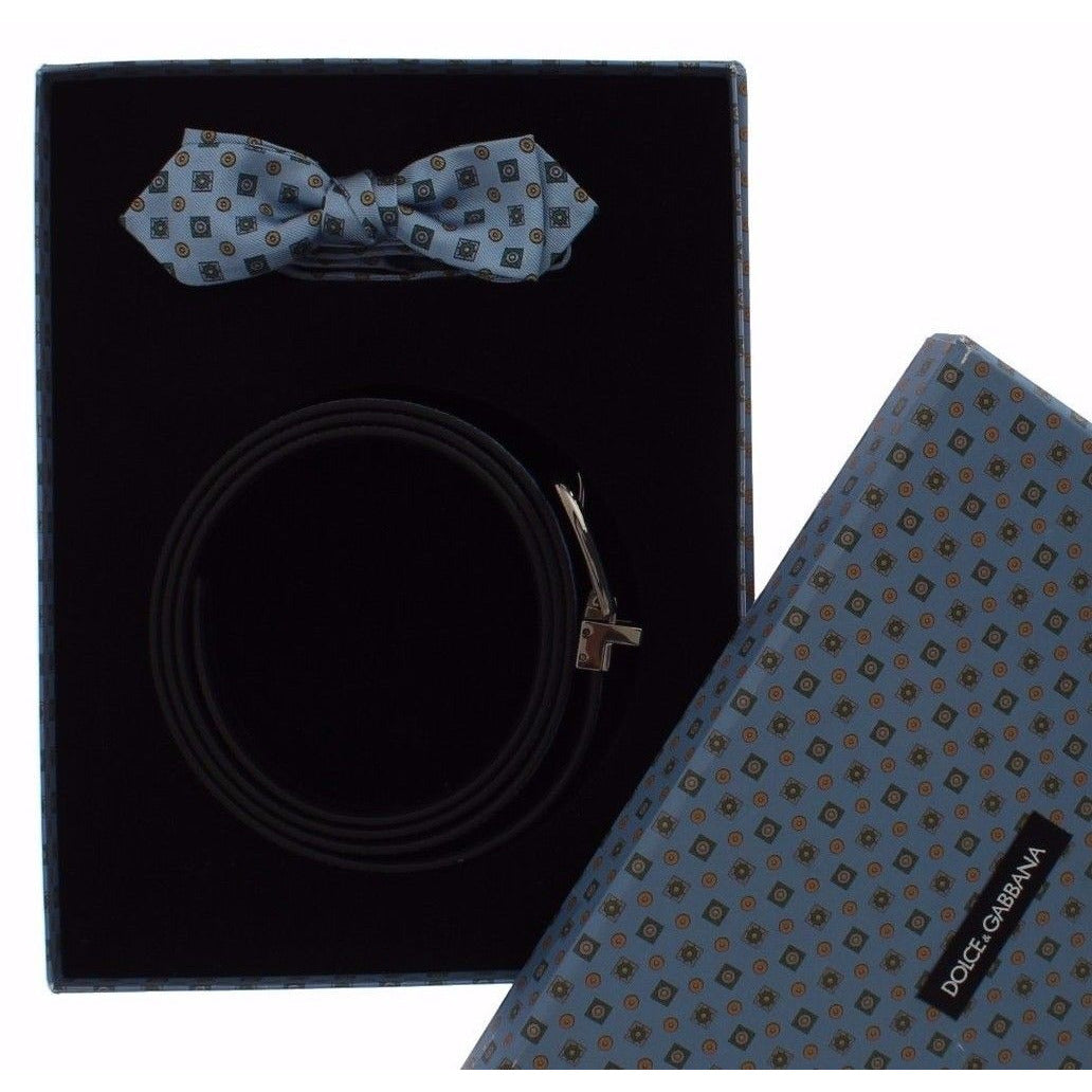 Blue Silk Bowtie Leather Men Belt Gift Box - coffeewithmee1